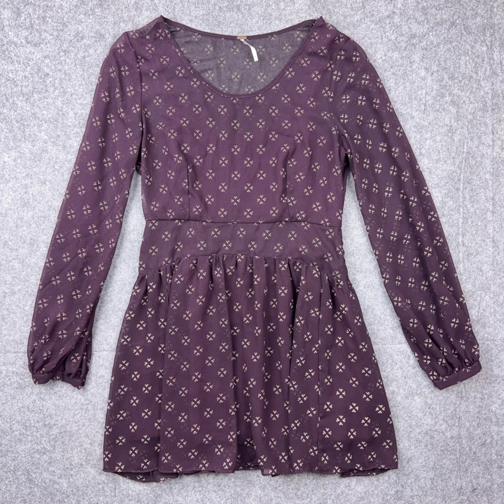 Free People Dress Womens Medium Purple Mini Long Sleeve Sheer Boho Baby Doll - Picture 1 of 12